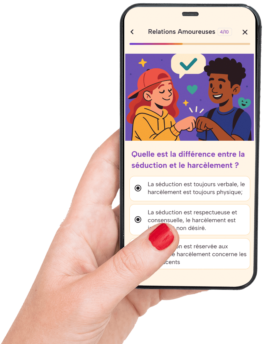 Main tenant un smartphone affichant un quiz Mélimelo